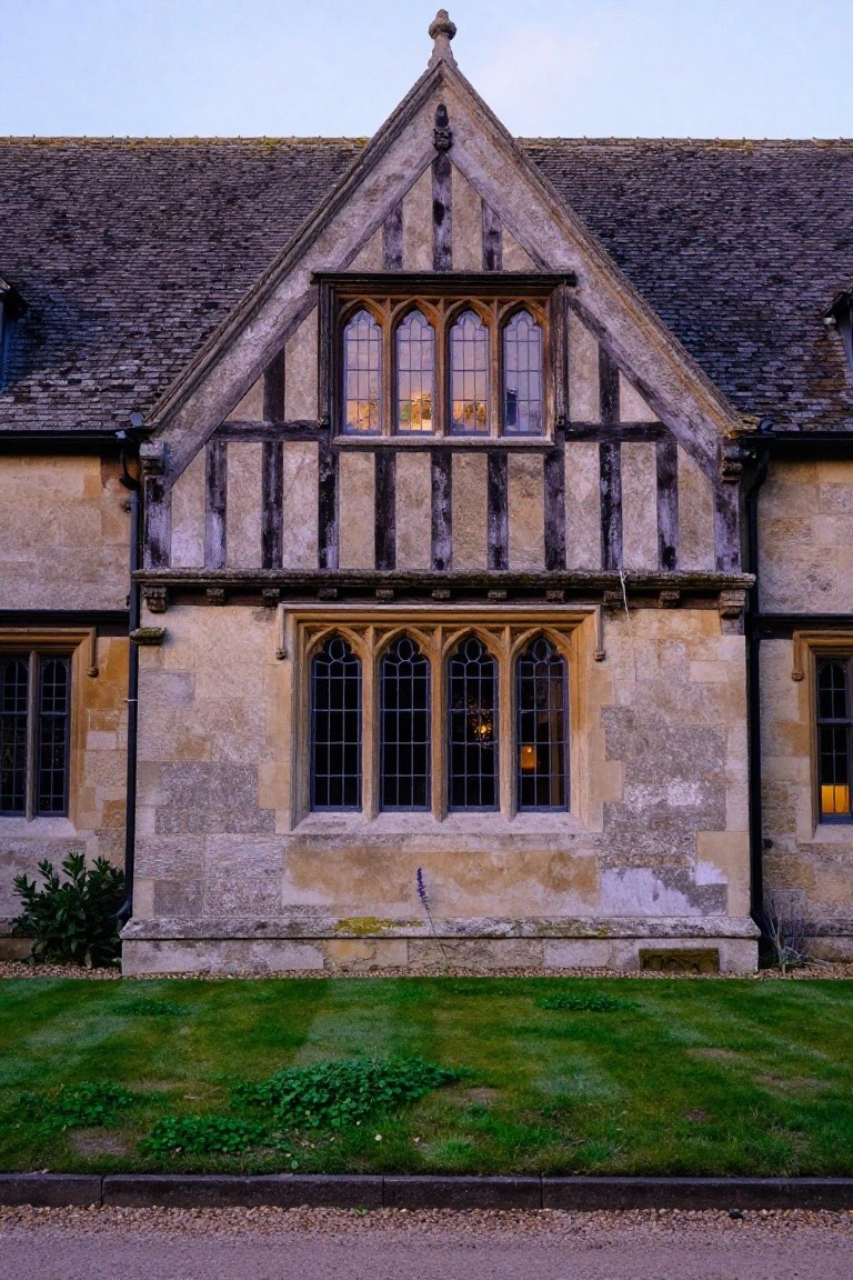 Timber-framed stone house facade with gabled roof, dark wood beams, arched multi-pane windows under stone pediments, lit interiors, green lawn, and gravel path at dusk.