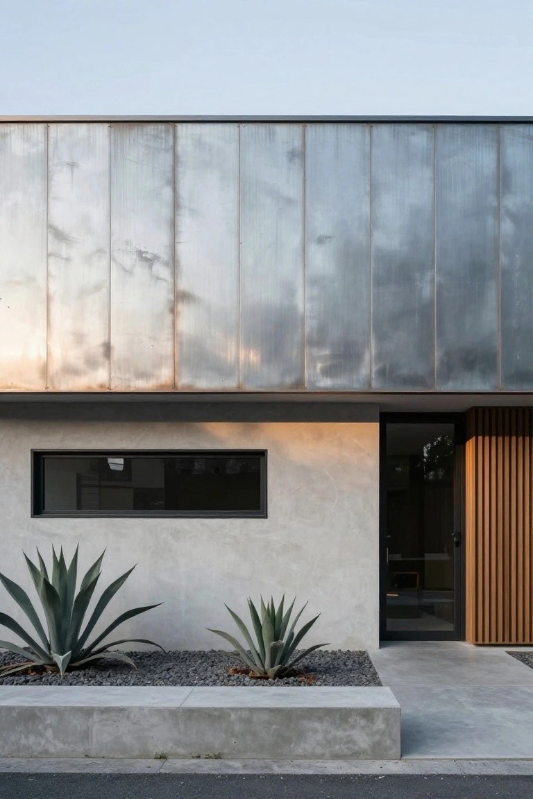 Modern house exterior with upper corrugated metal cladding, lower smooth stucco wall featuring a narrow recessed horizontal black-framed window next to a vertical wood-slatted door, flanked by agave plants in a gravel bed with concrete borders.