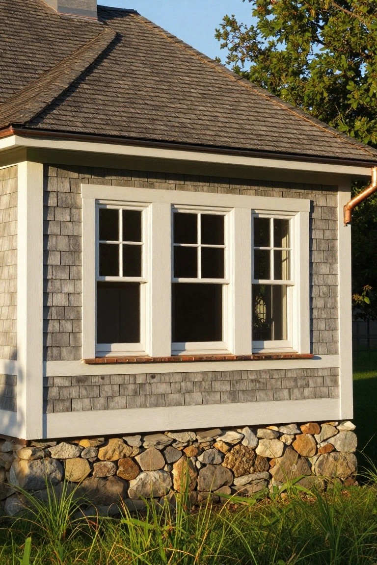 Gray shingled house corner with three white-framed divided-light double-hung windows above a brick ledge and fieldstone foundation, copper gutter, and tall grass at the base.