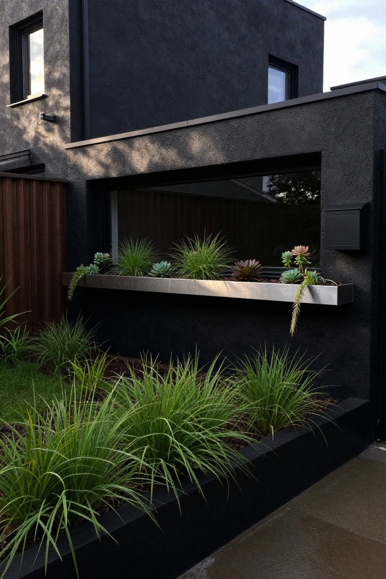 Modern black textured house exterior with a protruding stainless steel trough planter under a large window, filled with succulents, grasses, and trailing plants, surrounded by low green grasses and a wooden fence.
