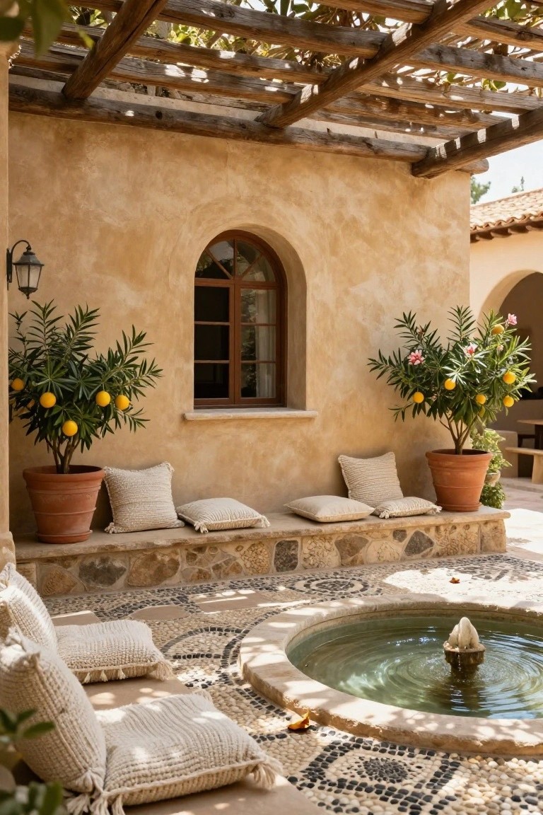 Beige stucco courtyard wall with arched wooden window, flanked by two potted orange trees in terracotta pots, low built-in stone bench with white cushions below, central pebble mosaic fountain with swan statue, wooden pergola overhead.