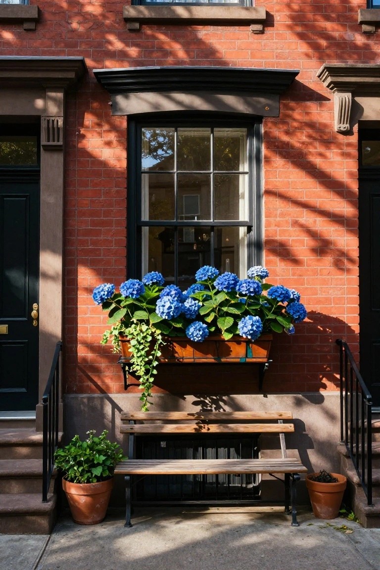 Red brick townhouse facade with double green doors, a central black-framed window holding a terracotta window box overflowing with blue hydrangeas and trailing vines, a wooden bench on the stoop, and potted plants nearby.