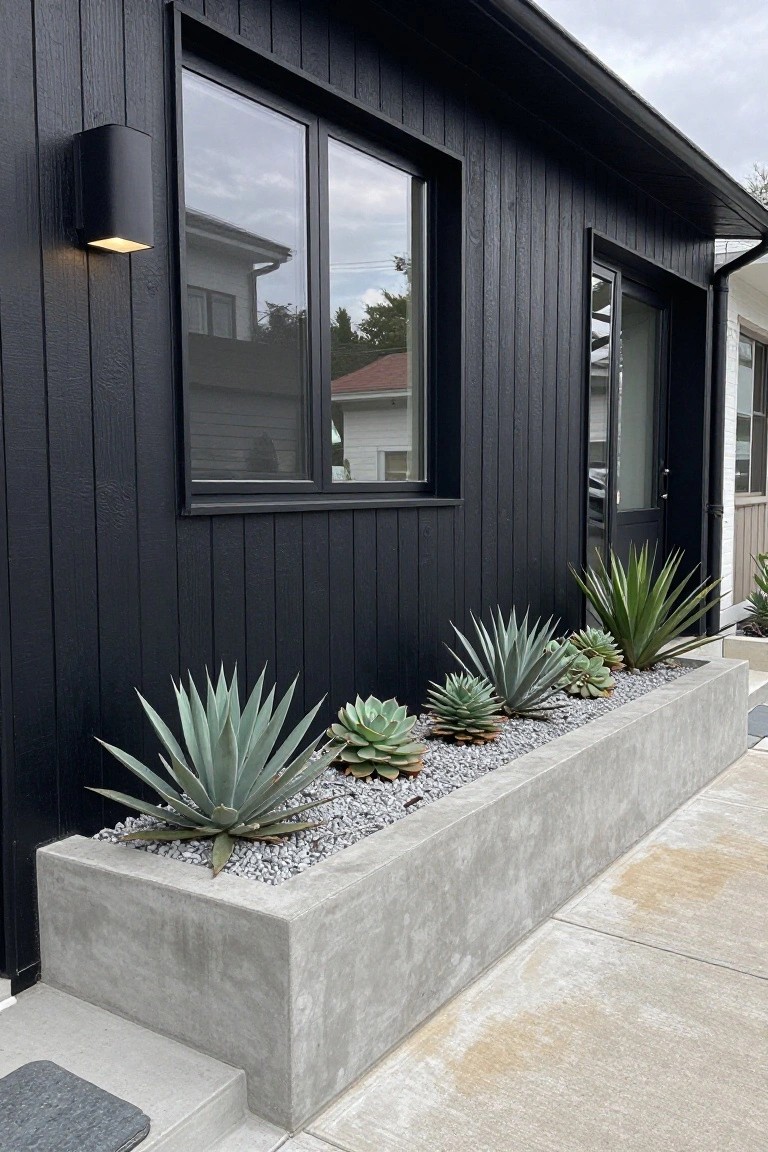 Black vertical board-and-batten house wall with large windows and glass door, featuring a long rectangular concrete planter box at the base filled with agave plants, echeveria succulents and gravel, adjacent to concrete steps.