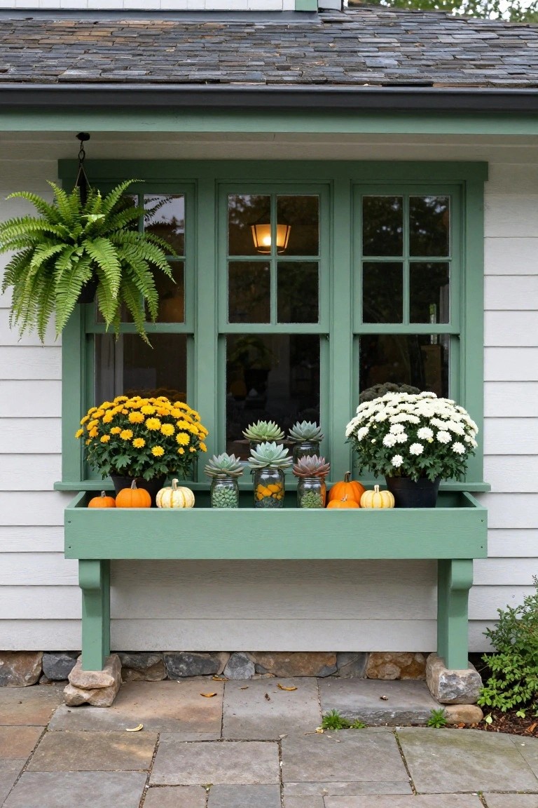 White clapboard house exterior featuring a green-framed triple window with a matching green window box shelf below containing small orange pumpkins, yellow and white chrysanthemum plants, succulents in glass jars, and hanging ferns overhead on a green-shingled roofline.