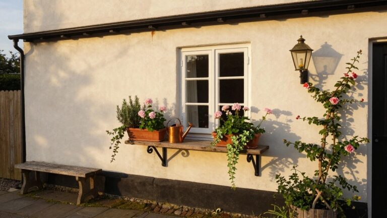 White exterior wall of a cottage with bay window, wooden shelf holding three terracotta pots of pink geraniums and herbs, climbing pink roses along the wall, copper watering can, wooden bench, lantern light, and green door at street level.