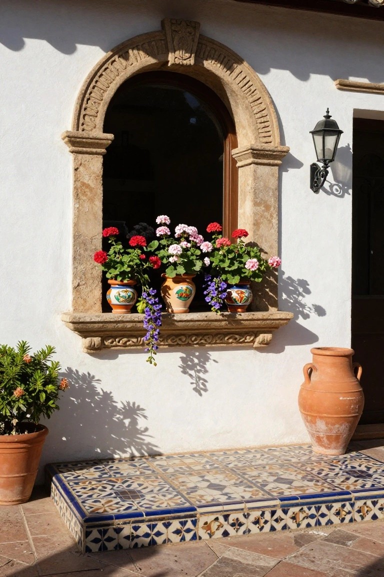 White stucco exterior wall with carved stone arched window ledge holding multiple colorful terracotta pots of geraniums, petunias, and trailing wisteria, beside a black lantern light, large terracotta jar, potted shrub, and blue tiled entry step on terracotta pavers.