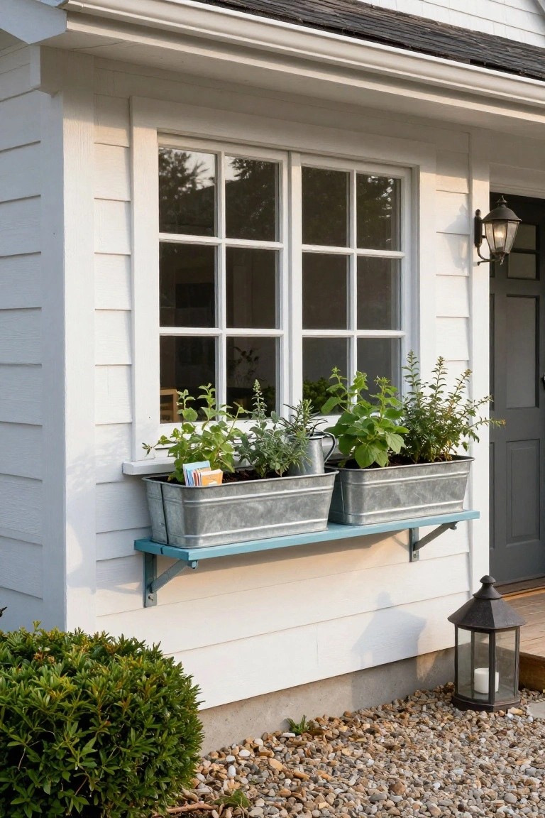 White clapboard house exterior showing a six-over-six window with two galvanized metal planters filled with herbs on a turquoise bracket shelf, adjacent gray door with lanterns, boxwood shrubs, and gravel ground.
