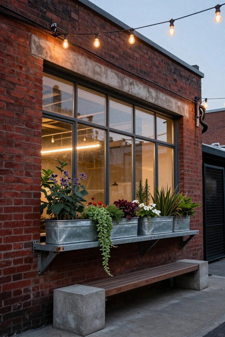 Brick building exterior with large multi-pane window, three galvanized metal trough window boxes mounted below filled with various green and flowering plants, string lights overhead, wooden bench and concrete blocks on pavement in front.