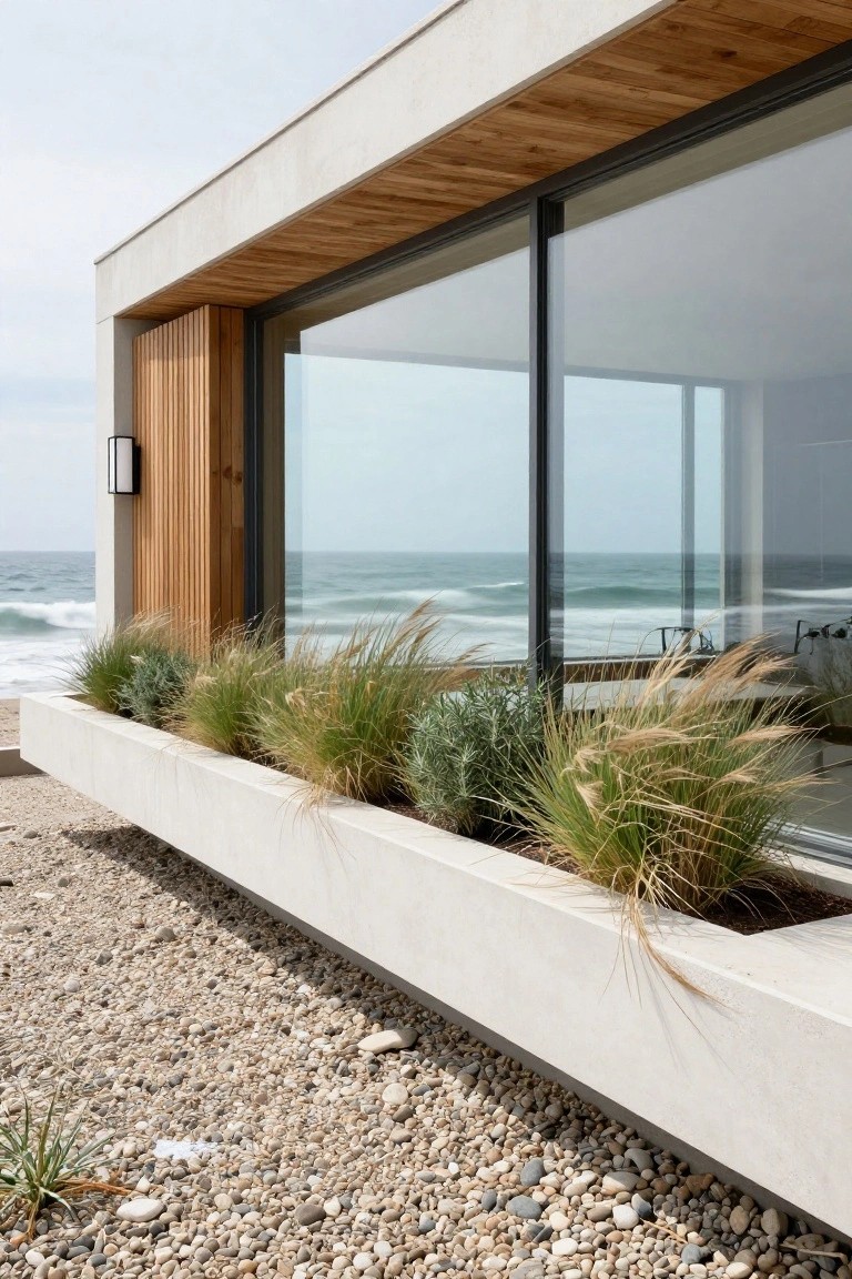 Modern house exterior featuring large sliding glass windows, vertical wooden cladding, a long white concrete planter box filled with grasses and shrubs, and pebbled ground overlooking a beach and ocean.