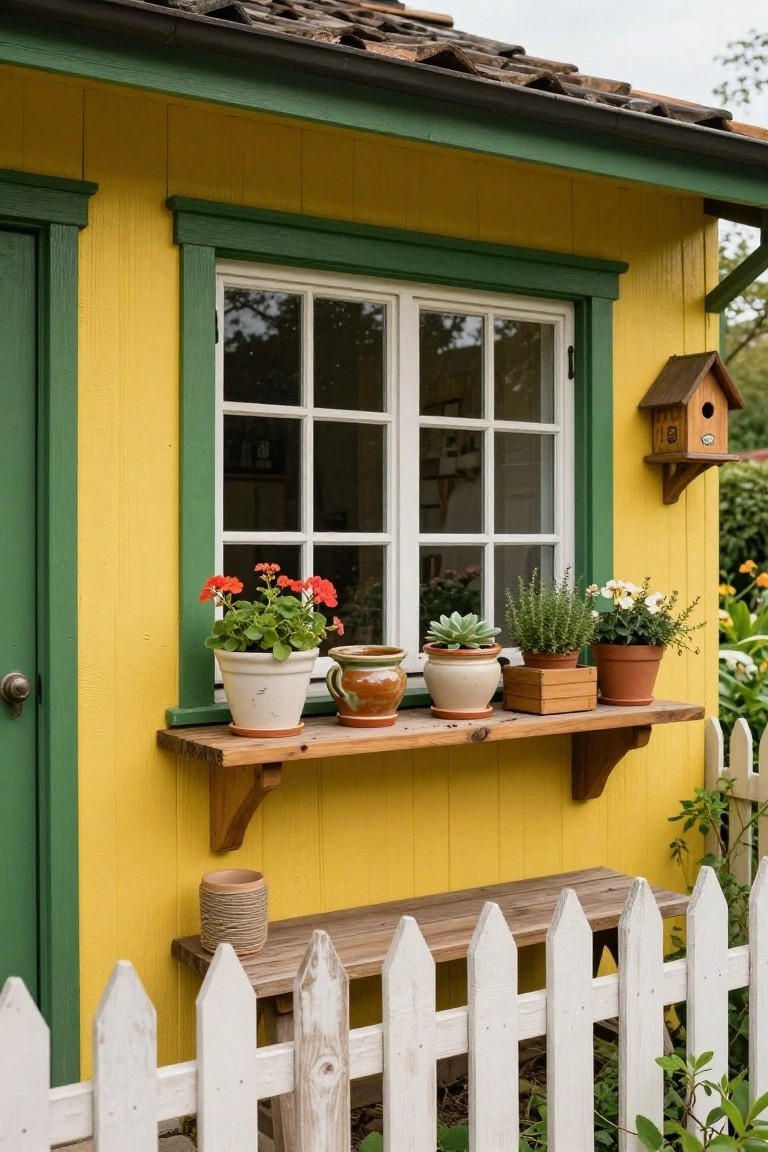 Yellow wooden shed exterior with green trim and door, wooden shelf below a multi-pane window holding terracotta pots of geraniums, succulents, herbs, and other plants, birdhouse on wall, white picket fence and bench at base.