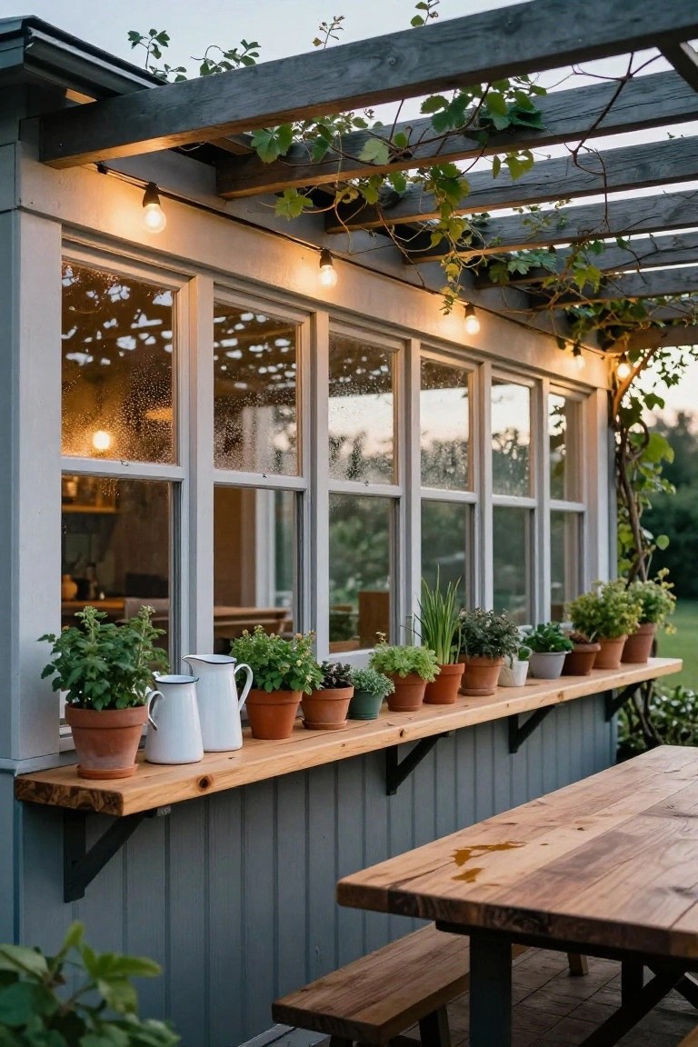 Gray clapboard building with multipane windows, wooden shelf mounted below holding terracotta pots of herbs, white pitchers, and small plants, vine-covered pergola with string lights above, wooden picnic table and bench nearby.