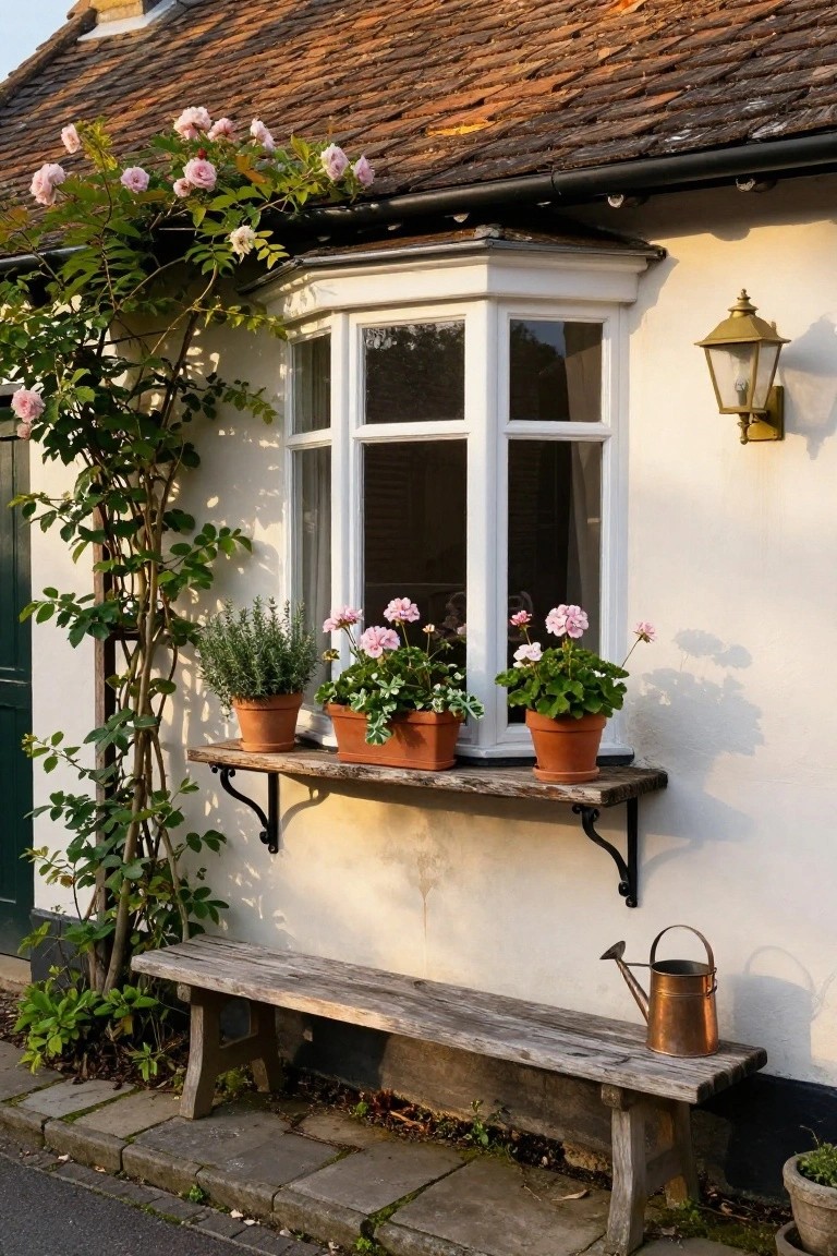 White exterior wall of a cottage with bay window, wooden shelf holding three terracotta pots of pink geraniums and herbs, climbing pink roses along the wall, copper watering can, wooden bench, lantern light, and green door at street level.
