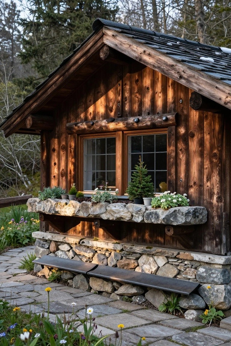 Rustic wooden cabin exterior with a wide irregular stone ledge under a divided-pane window, overflowing with potted plants and succulents, small metal benches below the ledge, stone foundation, garden path, and surrounding wildflowers and trees.