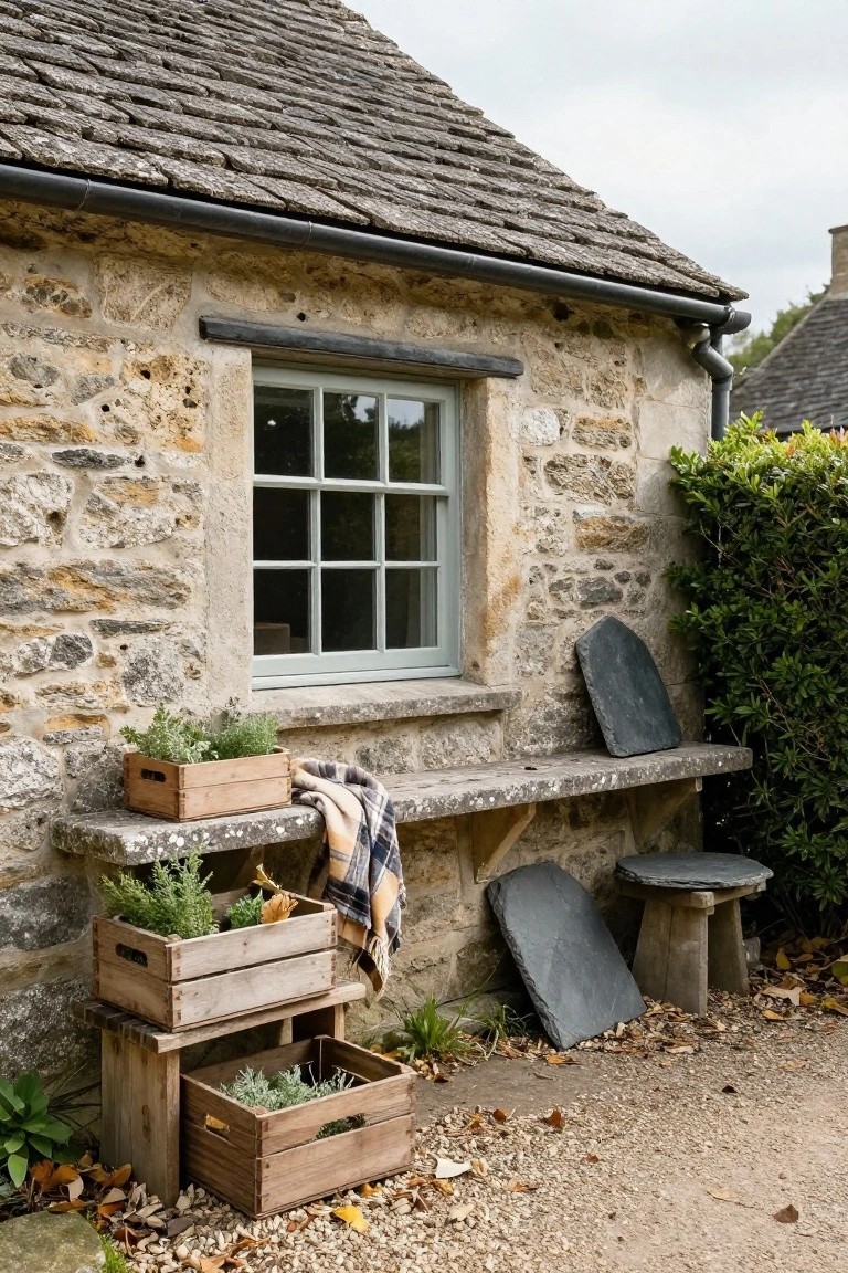 Stone cottage exterior wall with multipaned green window above a bench ledge holding stacked wooden crates planted with herbs, slate pieces, plaid blanket, small stool, and adjacent shrubs on gravel ground.