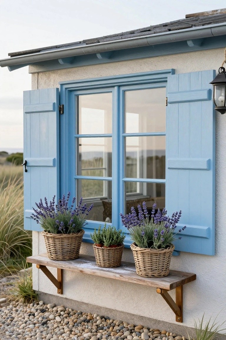 Blue window with open wooden shutters on white stucco exterior wall, wooden shelf below holding three woven basket planters of lavender, surrounded by grasses and pebbles on the ground.