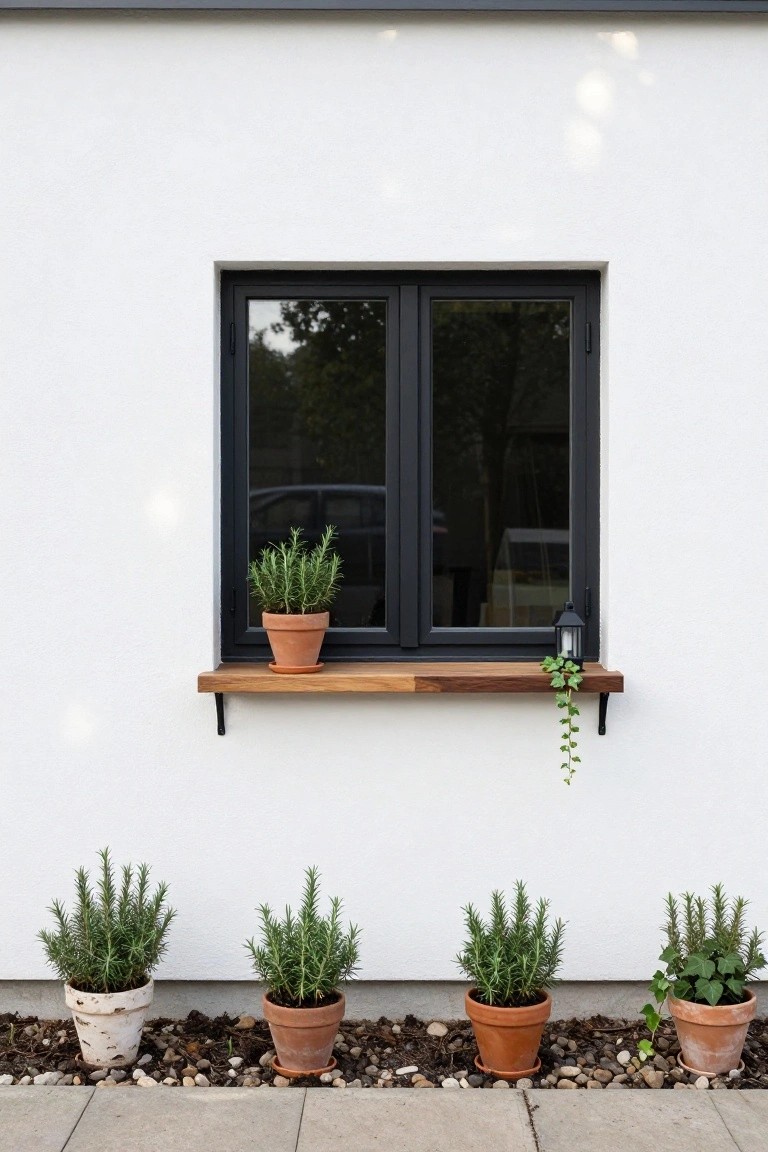 White exterior wall with black-framed double window, wooden shelf holding terracotta pot of rosemary and trailing ivy, plus four potted rosemary and ivy plants along the base on gravel bed.
