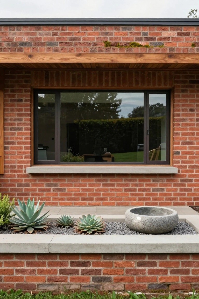 Brick house exterior wall with timber awning over a large sliding window, concrete sill above a raised pebble planter box containing multiple agave plants and a large engraved gray stone basin.