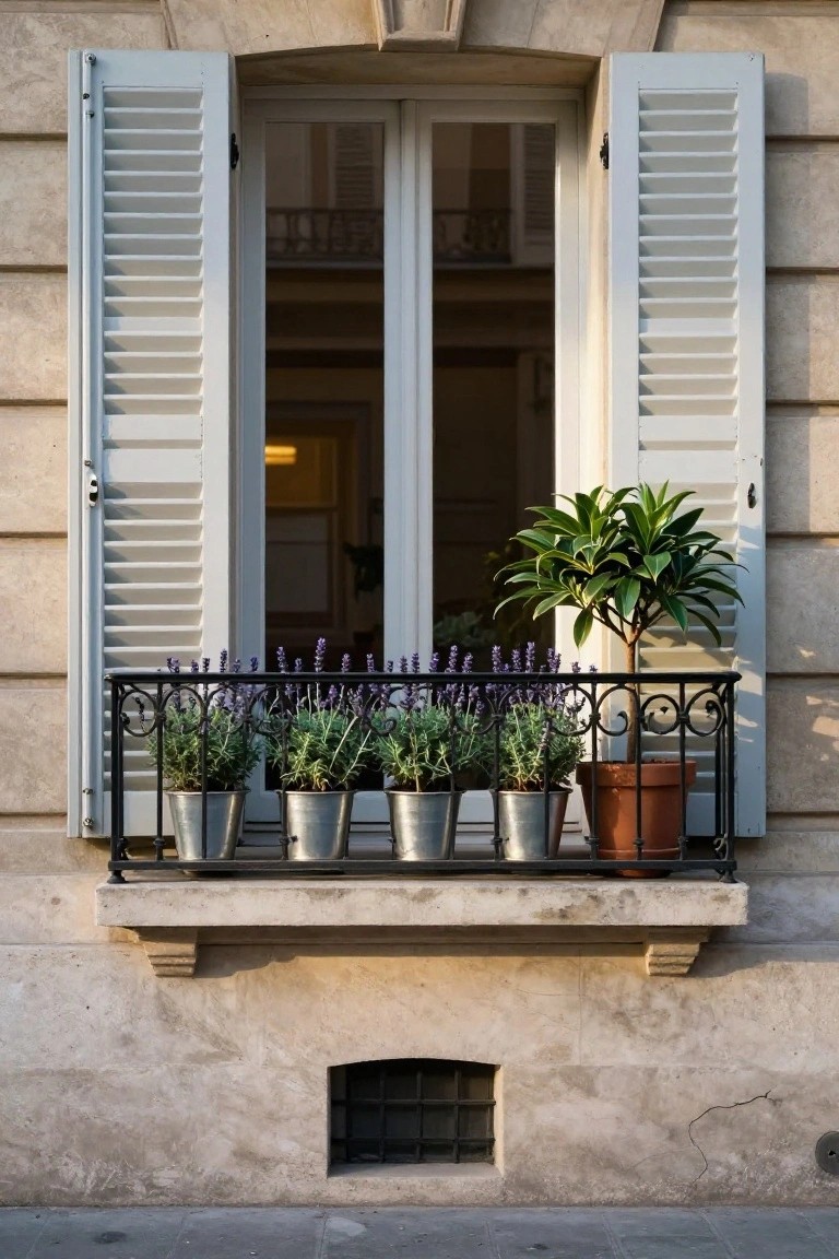 Beige stone building facade featuring double windows with open white louvered shutters, a black wrought-iron balcony ledge holding metal buckets of purple lavender plants, a small potted tree, and a terracotta pot.