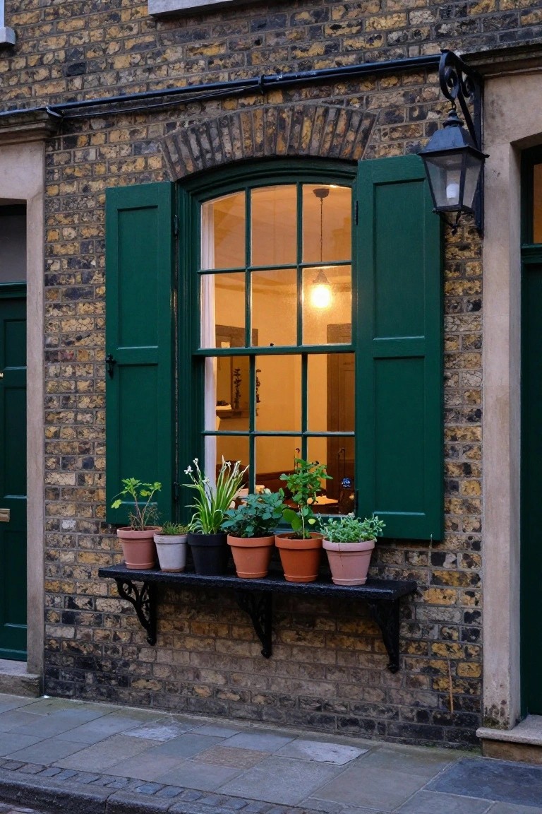 Brick house facade with arched window flanked by open green shutters, black wrought-iron shelf below holding six potted plants, lit lantern above, and paved street in front.