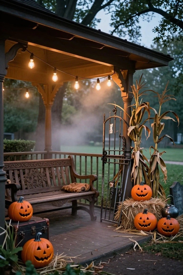 White shiplap house exterior with black front door, eucalyptus and dried orange wreath on door, black lantern with candle on porch, potted boxwood plant, seagrass doormat, and black and white carved pumpkins on concrete steps.