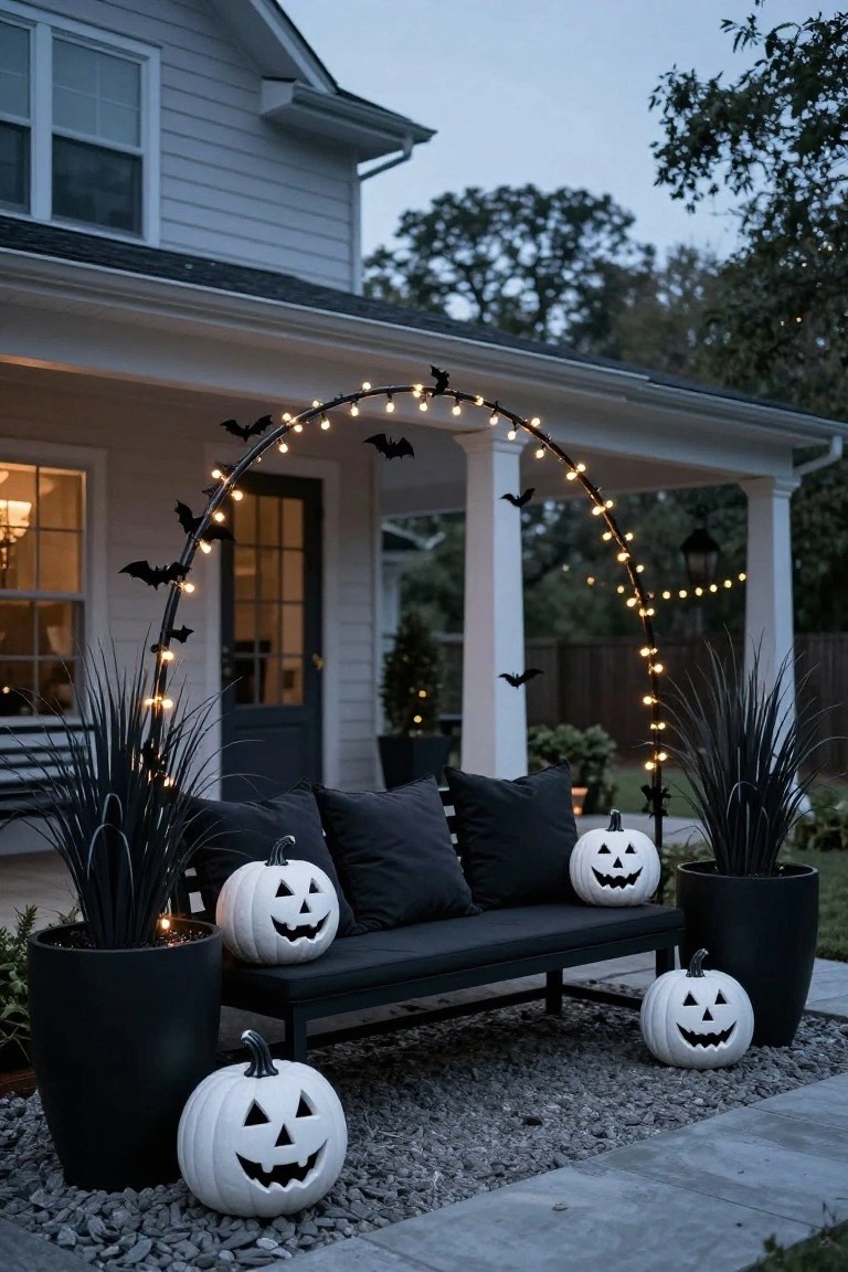 White stucco porch with wooden double doors, outdoor bench with cushions, large colorful pottery pots, lavender bouquet, orange and blue pumpkins stacked on steps with firewood logs, and potted plants nearby.