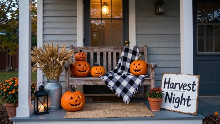 White clapboard house front porch with green door and shutters, decorated for Halloween with carved orange pumpkins, white pumpkins, stacked hay bales, cornstalks tied to columns, wicker chair with blanket, fall wreath, and lanterns.