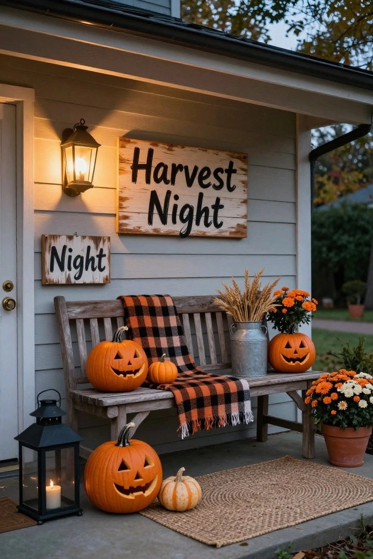 White clapboard house front porch with green door and shutters, decorated for Halloween with carved orange pumpkins, white pumpkins, stacked hay bales, cornstalks tied to columns, wicker chair with blanket, fall wreath, and lanterns.