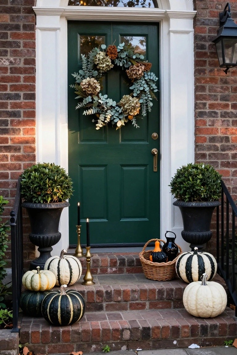 Blue shingled porch with weathered bench holding white pumpkins, striped pillows, buoys, lanterns, flowers, and a straw witch hat on the railing, overlooking beach dunes at dusk.
