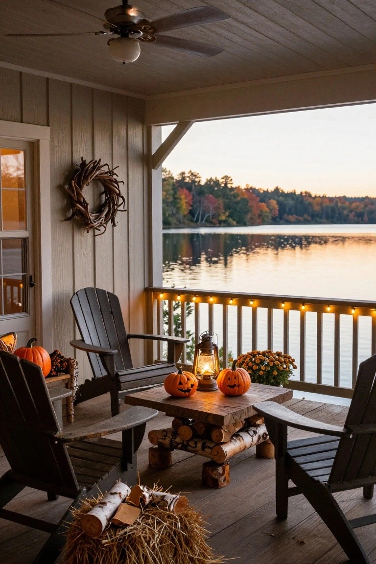 Teal front door on brick house with Halloween decorations including multiple carved jack-o-lantern pumpkins, orange flower garlands, colorful bunting, paper lanterns, neon lights, small table with candy bowl, folding chairs, and chalkboard sign for costume contest on porch.