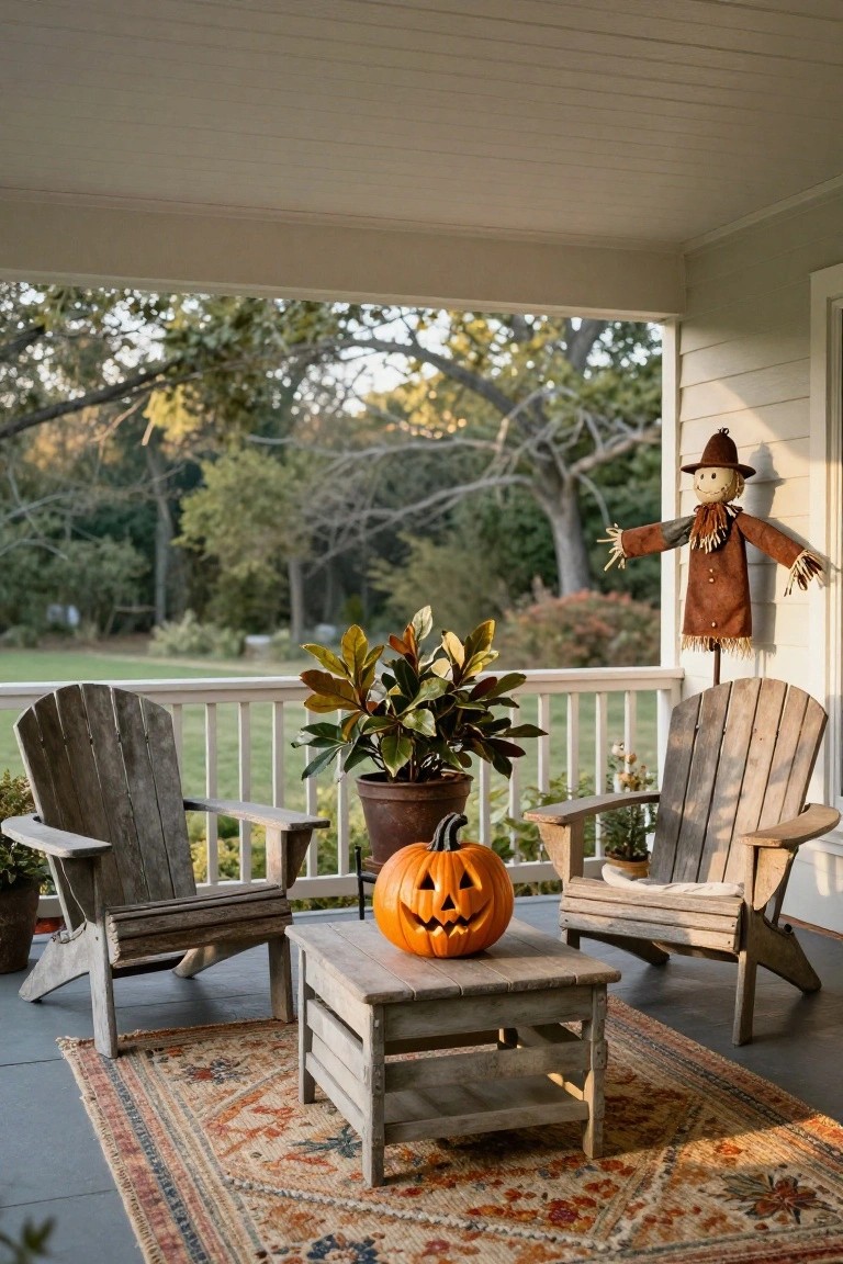 Adobe wall porch with red double doors flanked by hanging copper lanterns, a black metal table holding stacked orange pumpkins and a white Day of the Dead skull, potted marigold plants, a wooden bench with stacked pumpkins, and a patterned rug on terracotta tiles.