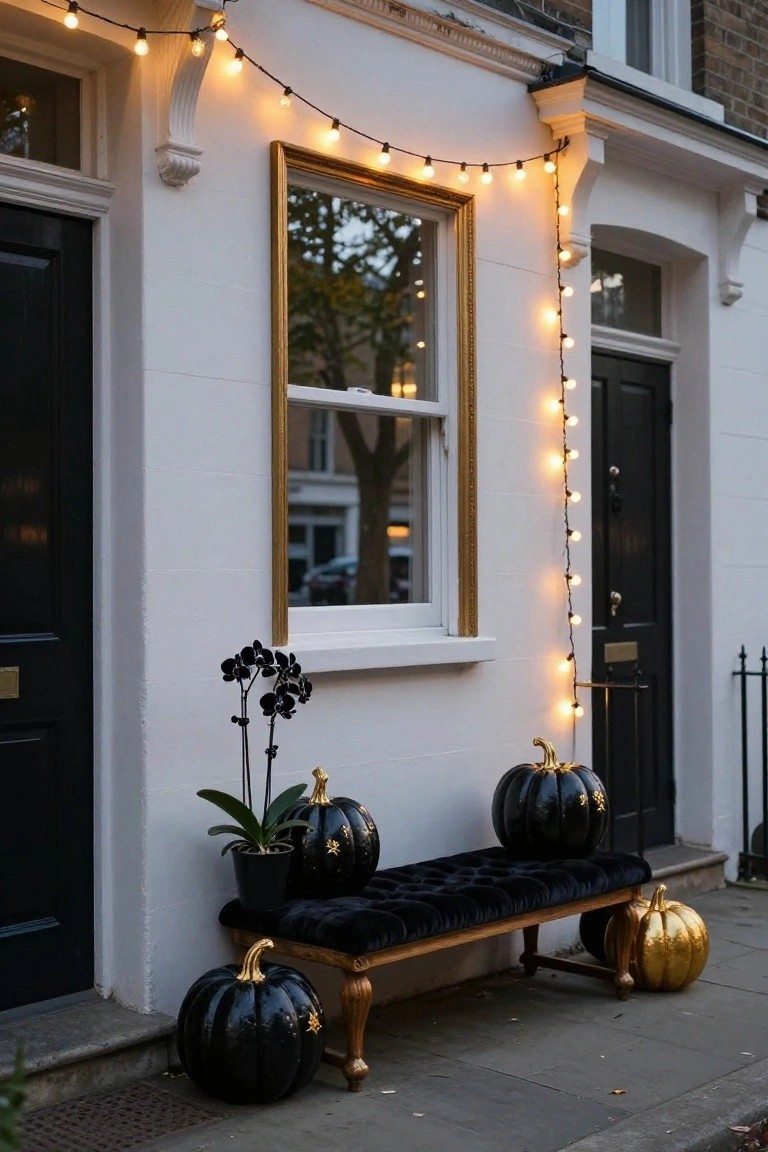 Wooden apothecary cabinet with glass doors displaying assorted brown and green potion bottles lit from within, positioned on a porch next to a dark open door, broom, brass mortar and pestle on a crate, and a sign reading 
