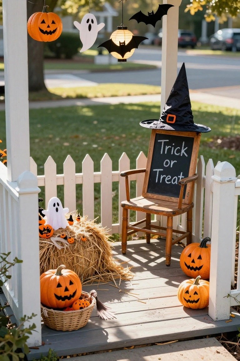 Gray front porch decorated for Halloween with a wooden rocking chair holding an orange pumpkin on the seat and a black crow statue on the back, white pitchers of orange flowers on a wooden ladder, potted pumpkins, mason jar string lights with paper bats, hanging lanterns, and fall leaves on the ground.