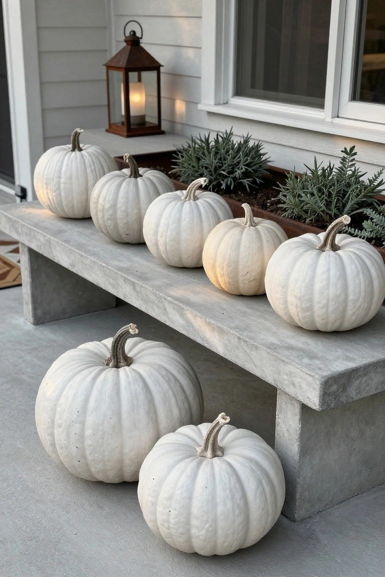 Gray clapboard house porch decorated for Halloween with navy blue front door, berry wreath, hanging lantern, wooden porch swing with plaid and beige pillows, stacked hay bales topped with carved pumpkins, potted mums, cornstalks in metal bucket, and framed chalkboard sign listing treats.