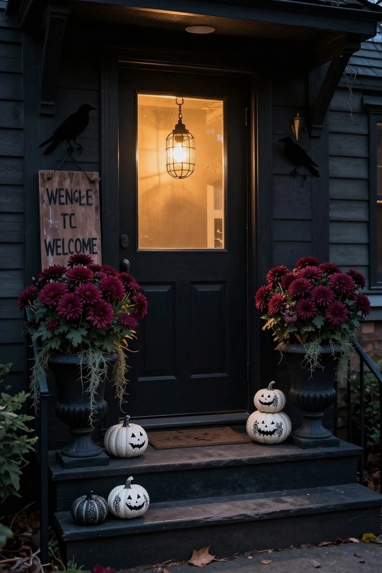 Wooden porch deck with a beige macrame hanging swing featuring a wooden seat, surrounded by pampas grass in brass pots, colorful pumpkins, lanterns, ghost garlands, and a patterned rug, overlooking grassy fields at dusk.