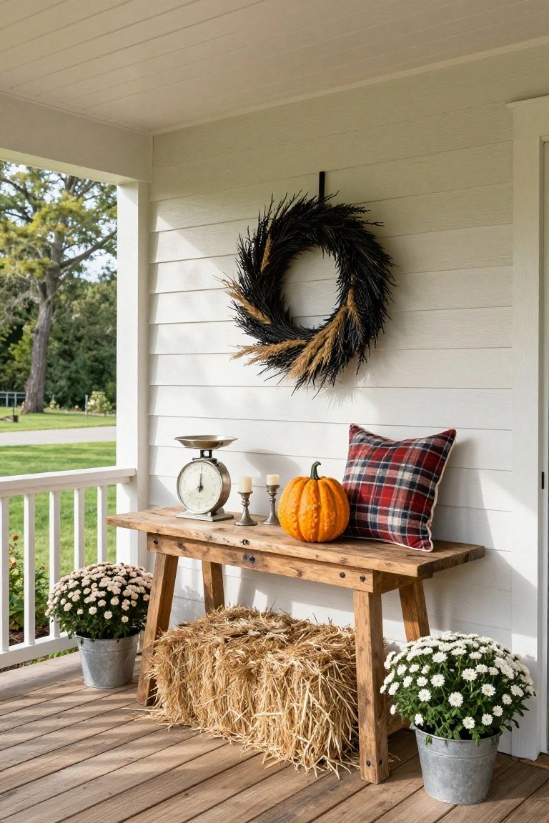 Front porch featuring a wooden bench with three geometric black and yellow pots of agave plants and succulents, two orange pumpkins on the ground, a black chalkboard sign reading 