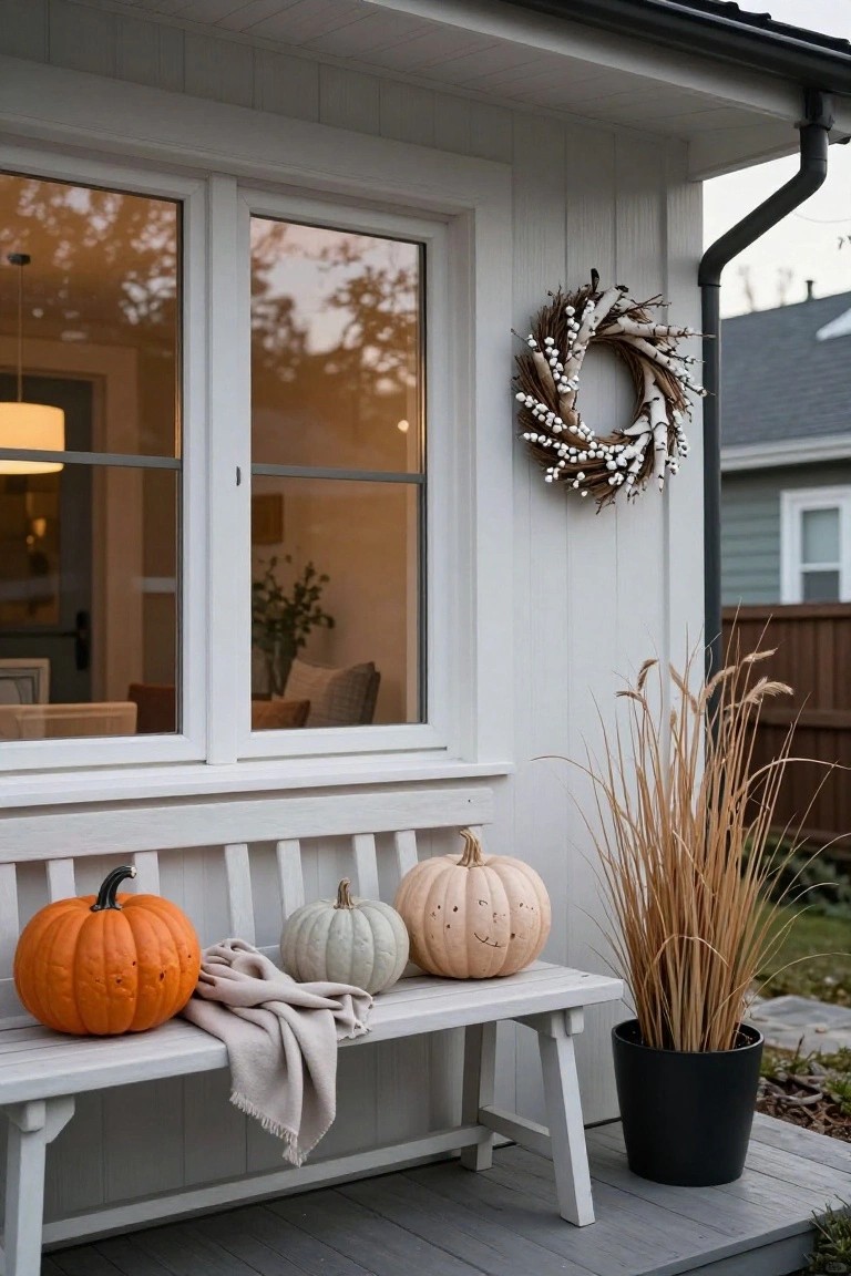 Dark porch with black double doors, lanterns on posts, brass candelabras with pumpkins, large black cauldron emitting fog on steps, crow on pumpkin, trunk draped in black fabric, and more pumpkins nearby.