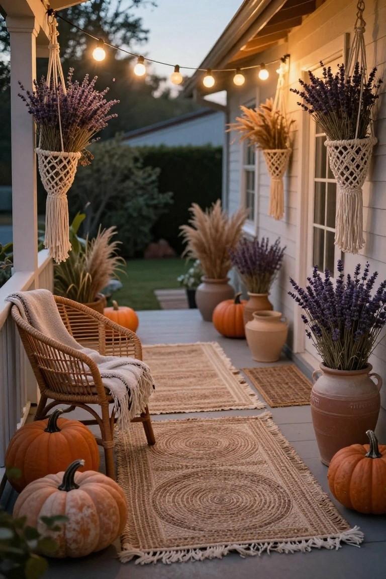 Gray columned porch entrance at dusk decorated for Halloween with draped white cobwebs, lit evergreen trees flanking the door, large black metal jack-o-lantern, fake spider, hanging lanterns, and a small table with lantern on black steps.