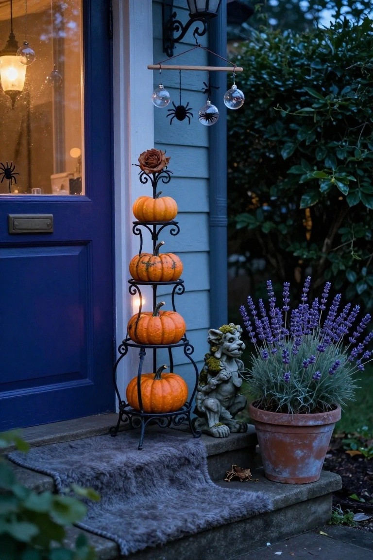 Porch at dusk with gray L-shaped sofas piled with plaid and orange pillows, books on coffee table, pumpkins and galvanized buckets around base, wooden ladder holding candles and keys, vintage gramophone, and overhead string lights with leaf accents.