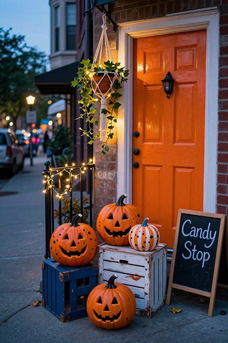 Log cabin porch featuring a couch covered in a black-and-white plaid blanket, flanked by two dressed scarecrows, hay bales with pumpkins in a basket, lanterns, string lights, and surrounded by pine trees.