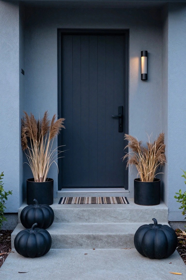 Dark Gothic-style front porch entrance decorated for Halloween with extensive white cobwebs, black speckled pumpkins, plastic skeleton hand on an antique trunk, tall candelabras, lanterns, and a wicker chair on the steps covered by a black fringed throw blanket and orange pillows.
