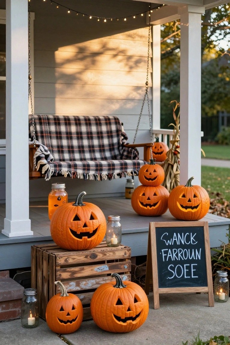 Black front door on a brownstone stoop decorated with a skull wreath, flanked by stacked orange pumpkins on the steps, a potted topiary on the railing, orange doormat, and fall leaves scattered around.