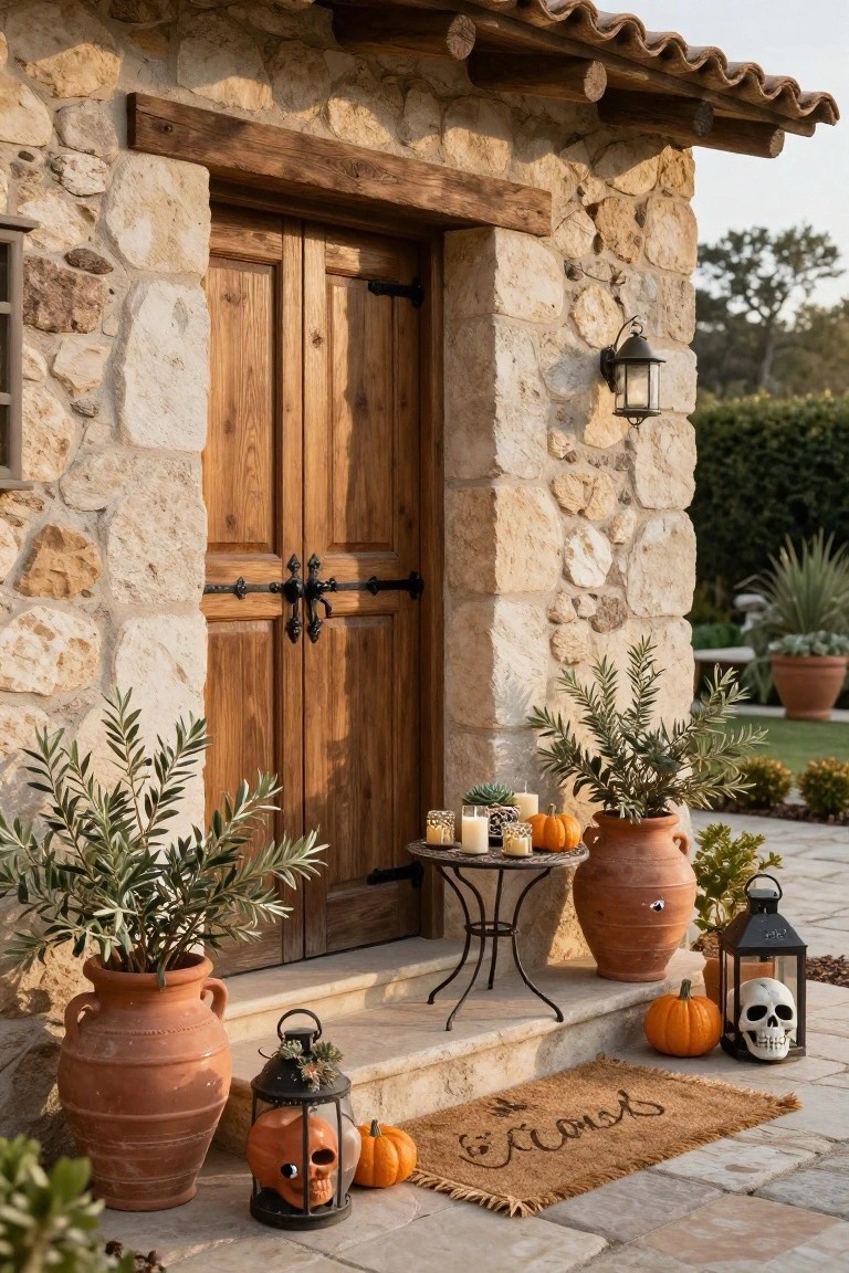 Turquoise covered porch on a sandy beach with orange-cushioned wicker chairs, a wooden bench, carved pumpkins, string lights, hanging orange jack-o-lantern and glass orbs, and a lantern at dusk.