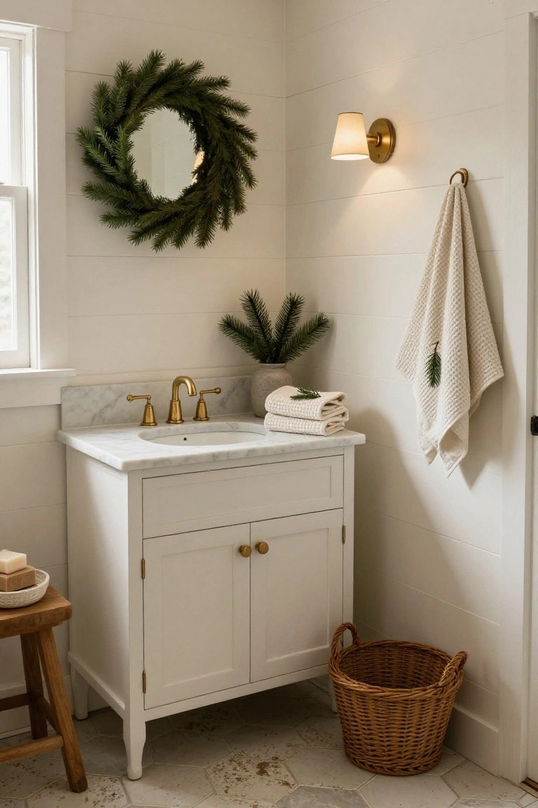 White wooden bathroom vanity with marble countertop and gold faucet, round mirror framed by green evergreen wreath, folded white towels with pine sprigs on counter, textured towel on hook, small plants, stool, and wicker basket on hexagonal tile floor.