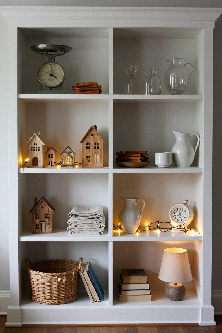 White open bookshelf displaying wooden Christmas houses with fairy lights, vintage metal scale and clock, glass pitchers and jars, cinnamon sticks, folded linens, woven basket with books, and a small lamp on lower shelves.