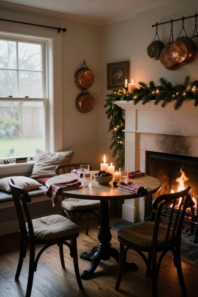Warmly lit kitchen corner with a round wooden table set with plaid napkins, glasses, candles, and berries near a fireplace with Christmas garland and lights, copper pots on walls, window to garden outside.
