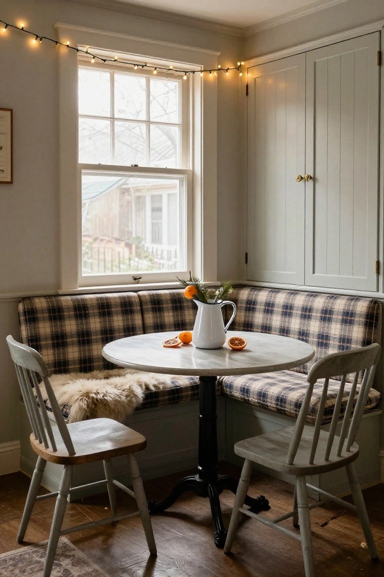 Kitchen corner nook with plaid banquette seating, round white marble-topped table on black pedestal base, two gray wooden chairs, white jug holding oranges and greenery on the table, string lights along the window, and gray cabinets nearby.