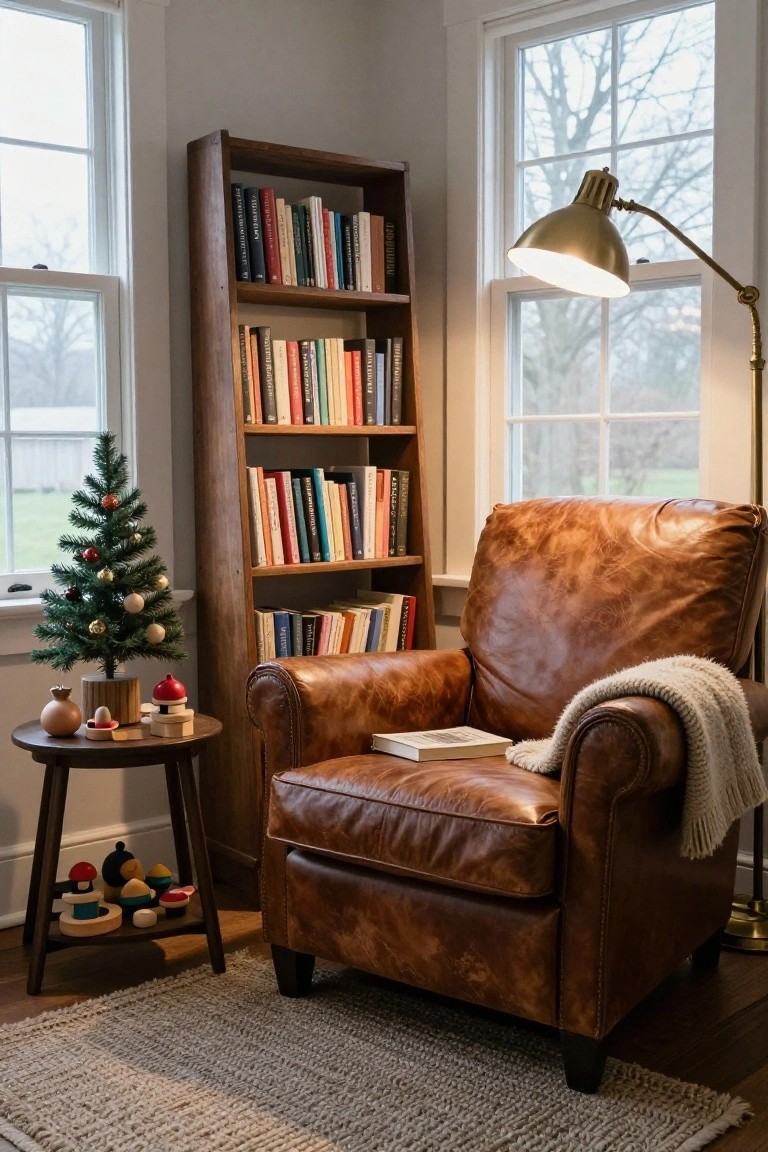 Interior corner reading nook with wooden bookshelves filled with colorful books, brown leather armchair draped with a white knit throw and open book, small decorated Christmas tree, wooden side table holding wooden toys, brass arc floor lamp, and two large windows.