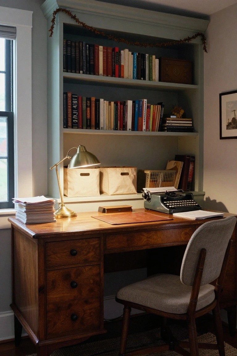Wooden desk with green typewriter, brass lamp, paper stacks, and leather desk pad in a room with teal bookshelves holding books and garland, beside a window.