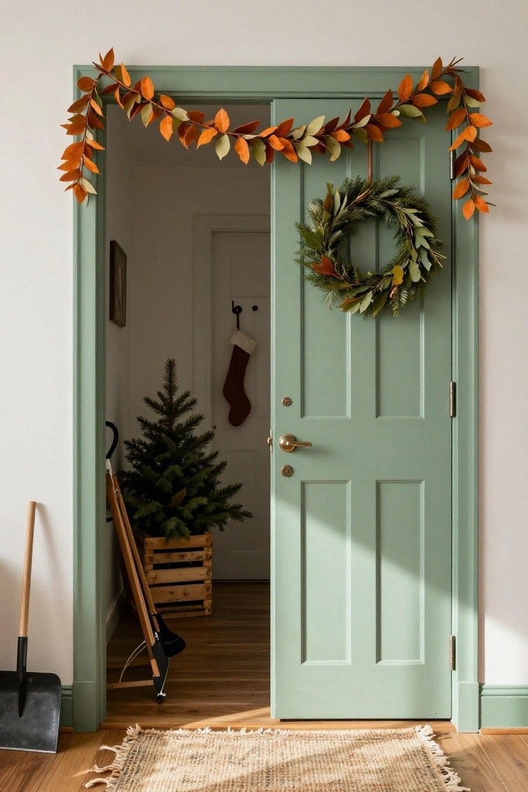 Sage green wooden door with an evergreen and leaf wreath, orange and green leaf garland draped around the frame, small potted Christmas tree in a wooden crate, red stocking, umbrella stand, and shovel nearby on a wooden floor with a woven rug.