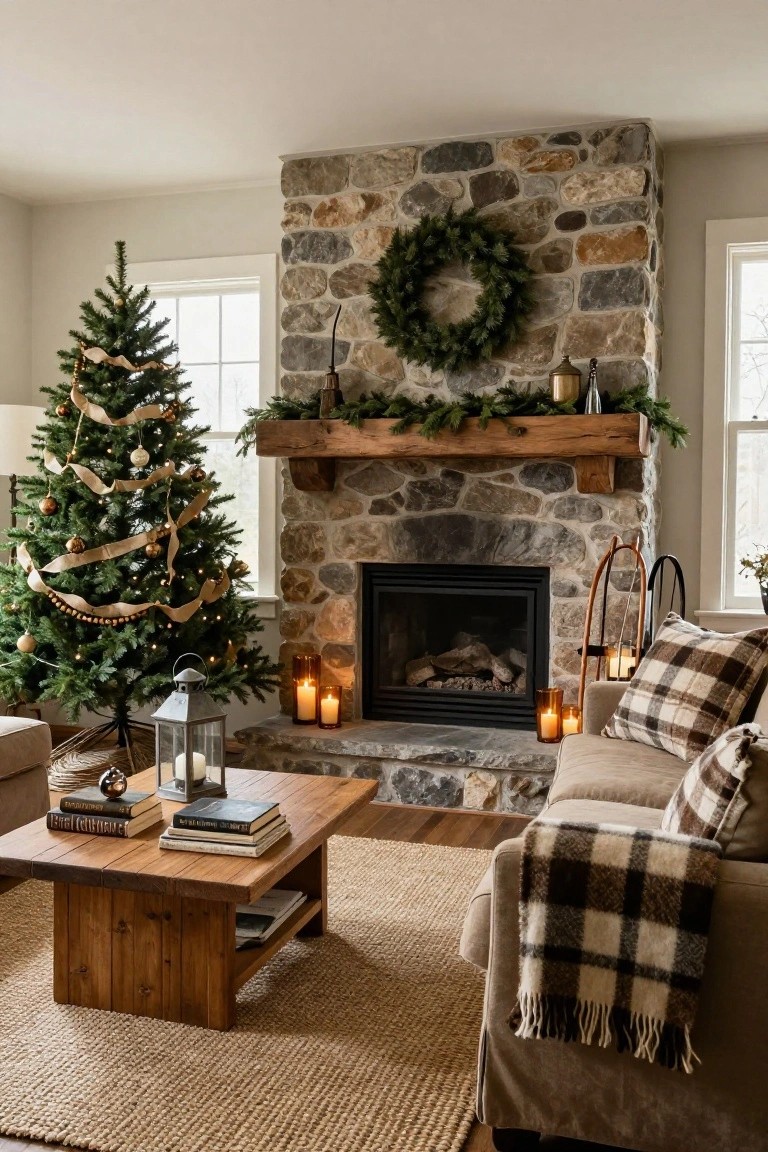 Living room with Christmas tree wrapped in ribbon and lights beside a stone fireplace, wooden mantel holding evergreen garland and candles, wooden coffee table with stacked books, beige sofa with plaid throw, and seagrass rug.